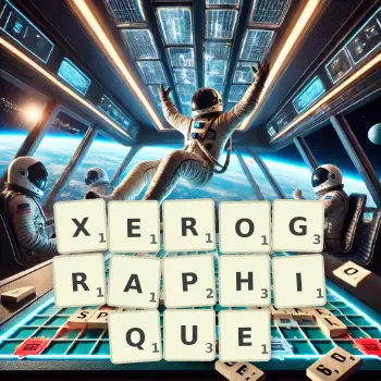 Illustration créative d'un jeu de lettres avec le mot XEROGRAPHIQUE épelé sur le plateau.