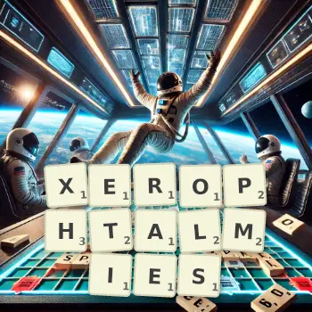 Illustration créative d'un jeu de lettres avec le mot XEROPHTALMIES épelé sur le plateau.