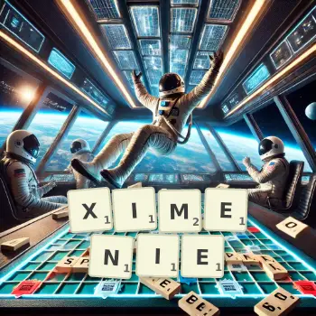 Illustration créative d'un jeu de lettres avec le mot XIMENIE épelé sur le plateau.