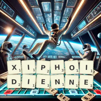 Illustration créative d'un jeu de lettres avec le mot XIPHOIDIENNE épelé sur le plateau.