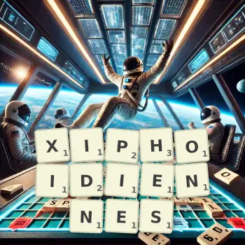 Illustration créative d'un jeu de lettres avec le mot XIPHOIDIENNES épelé sur le plateau.