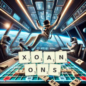 Illustration créative d'un jeu de lettres avec le mot XOANONS épelé sur le plateau.