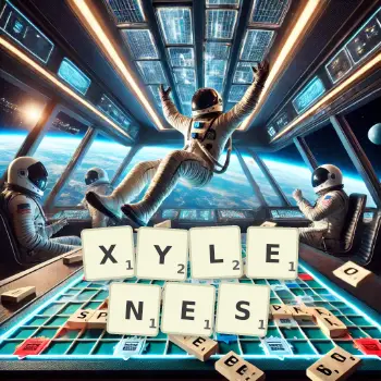Illustration créative d'un jeu de lettres avec le mot XYLENES épelé sur le plateau.