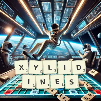 Illustration créative d'un jeu de lettres avec le mot XYLIDINES épelé sur le plateau.
