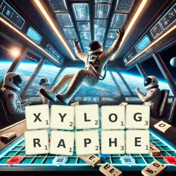 Illustration créative d'un jeu de lettres avec le mot XYLOGRAPHE épelé sur le plateau.
