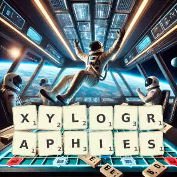 Illustration créative d'un jeu de lettres avec le mot XYLOGRAPHIES épelé sur le plateau.