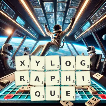 Illustration créative d'un jeu de lettres avec le mot XYLOGRAPHIQUE épelé sur le plateau.