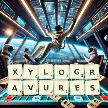 Illustration créative d'un jeu de lettres avec le mot XYLOGRAVURES épelé sur le plateau.