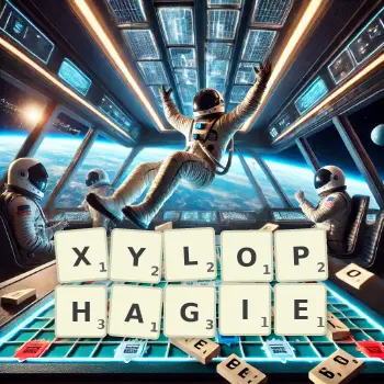 Illustration créative d'un jeu de lettres avec le mot XYLOPHAGIE épelé sur le plateau.