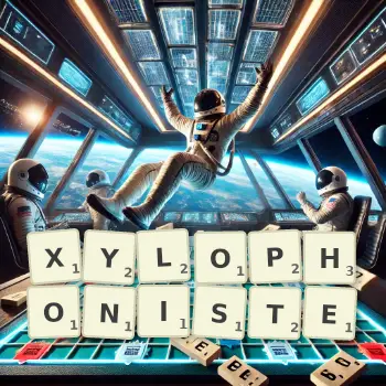 Illustration créative d'un jeu de lettres avec le mot XYLOPHONISTE épelé sur le plateau.