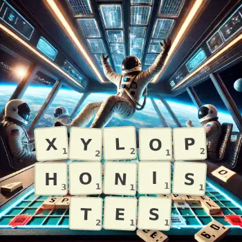 Illustration créative d'un jeu de lettres avec le mot XYLOPHONISTES épelé sur le plateau.