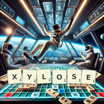 Illustration créative d'un jeu de lettres avec le mot XYLOSE épelé sur le plateau.