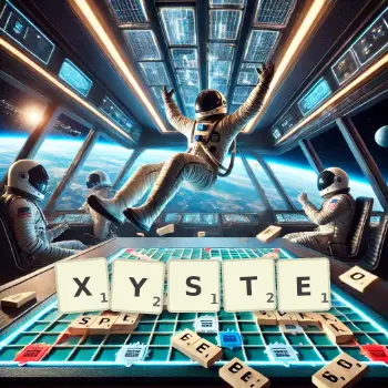 Illustration créative d'un jeu de lettres avec le mot XYSTE épelé sur le plateau.