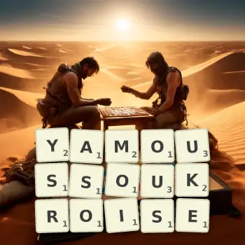 Illustration créative d'un jeu de lettres avec le mot YAMOUSSOUKROISE épelé sur le plateau.