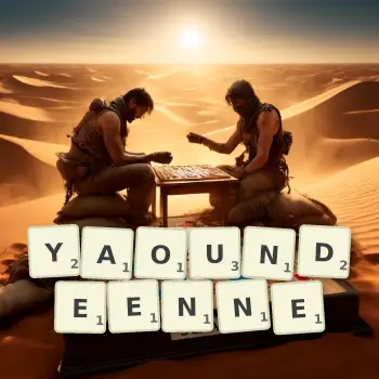 Illustration créative d'un jeu de lettres avec le mot YAOUNDEENNE épelé sur le plateau.