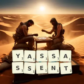 Illustration créative d'un jeu de lettres avec le mot YASSASSENT épelé sur le plateau.