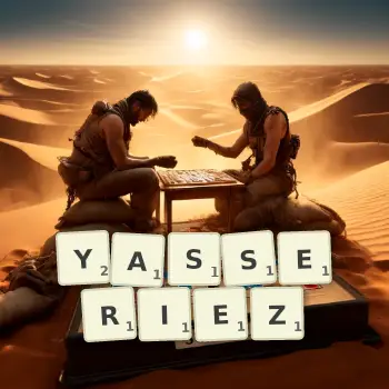 Illustration créative d'un jeu de lettres avec le mot YASSERIEZ épelé sur le plateau.