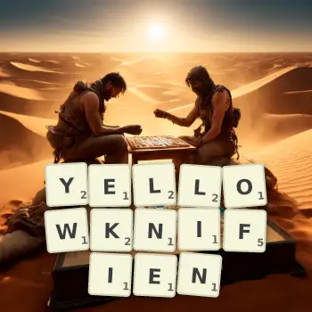 Illustration créative d'un jeu de lettres avec le mot YELLOWKNIFIEN épelé sur le plateau.