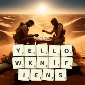 Illustration créative d'un jeu de lettres avec le mot YELLOWKNIFIENS épelé sur le plateau.