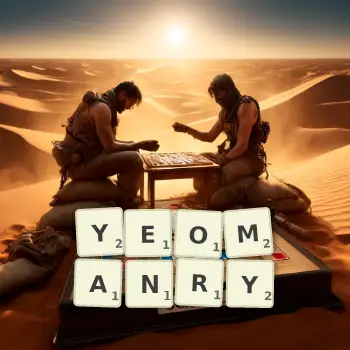 Illustration créative d'un jeu de lettres avec le mot YEOMANRY épelé sur le plateau.