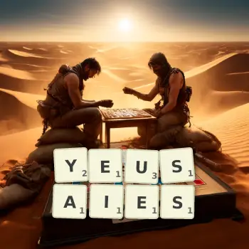 Illustration créative d'un jeu de lettres avec le mot YEUSAIES épelé sur le plateau.