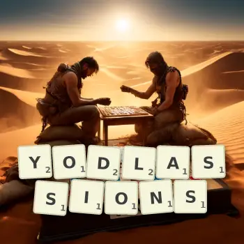 Illustration créative d'un jeu de lettres avec le mot YODLASSIONS épelé sur le plateau.