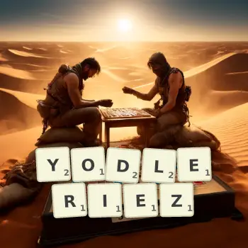 Illustration créative d'un jeu de lettres avec le mot YODLERIEZ épelé sur le plateau.