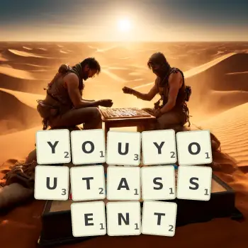 Illustration créative d'un jeu de lettres avec le mot YOUYOUTASSENT épelé sur le plateau.