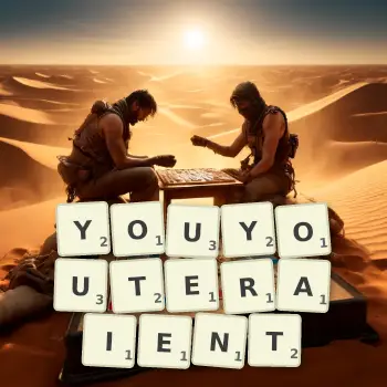 Illustration créative d'un jeu de lettres avec le mot YOUYOUTERAIENT épelé sur le plateau.