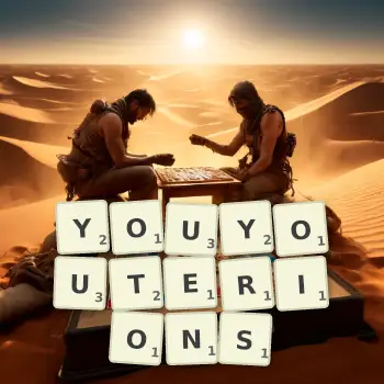 Illustration créative d'un jeu de lettres avec le mot YOUYOUTERIONS épelé sur le plateau.