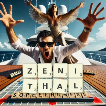 Illustration créative d'un jeu de lettres avec le mot ZENITHAL épelé sur le plateau.