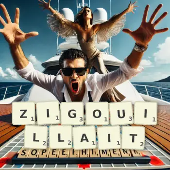 Illustration créative d'un jeu de lettres avec le mot ZIGOUILLAIT épelé sur le plateau.