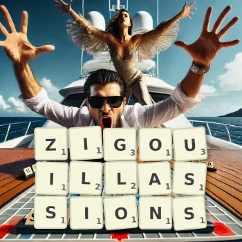 Illustration créative d'un jeu de lettres avec le mot ZIGOUILLASSIONS épelé sur le plateau.