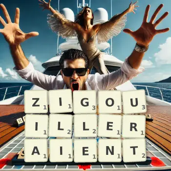 Illustration créative d'un jeu de lettres avec le mot ZIGOUILLERAIENT épelé sur le plateau.