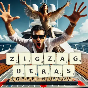 Illustration créative d'un jeu de lettres avec le mot ZIGZAGUERAS épelé sur le plateau.