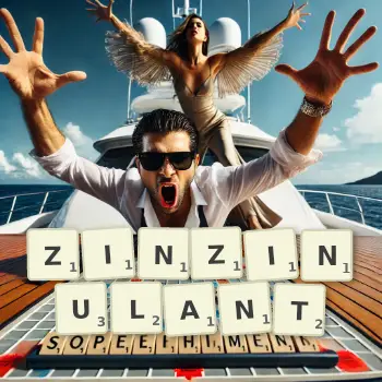 Illustration créative d'un jeu de lettres avec le mot ZINZINULANT épelé sur le plateau.