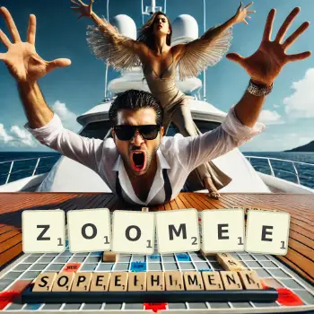 Illustration créative d'un jeu de lettres avec le mot ZOOMEE épelé sur le plateau.