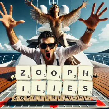 Illustration créative d'un jeu de lettres avec le mot ZOOPHILIES épelé sur le plateau.
