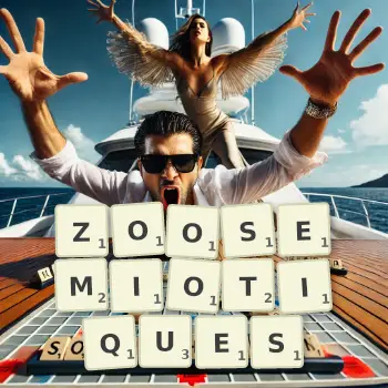 Illustration créative d'un jeu de lettres avec le mot ZOOSEMIOTIQUES épelé sur le plateau.