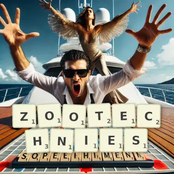 Illustration créative d'un jeu de lettres avec le mot ZOOTECHNIES épelé sur le plateau.