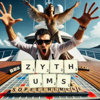Illustration créative d'un jeu de lettres avec le mot ZYTHUMS épelé sur le plateau.